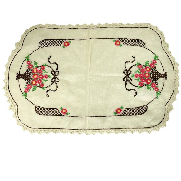 3 Piece Vintage Needlepoint Table Linen Set Foral Basket Lace Edge Handmade u - Picture 3 of 3